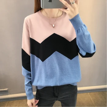 

2020 and winter new loose Korean version student Pullover round collar knitted sweater matching color wave bottom sweater