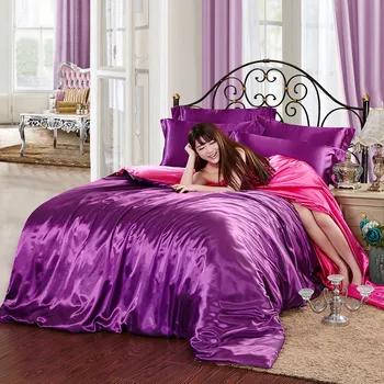 

100% Good Quality Satin Silk Bedding Sets Fitted Sheet Solid Color Queen King Size Pure Purple Duvet Cover Golden Pillow Cover
