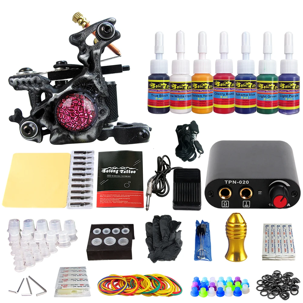 

Solong Tattoo Complete Tattoo Machine Set 7 Ink Needles Power Supply TK105-58