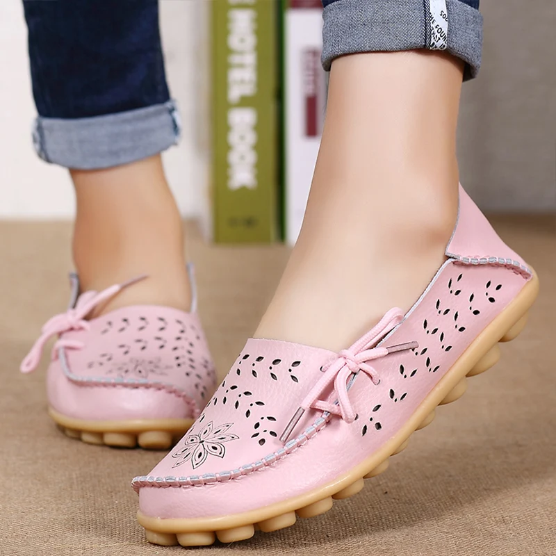 Women Flats Genuine Leather Slip On Loafers Soft Nurse Ballerina Shoes Plus Size 34-44 Casual