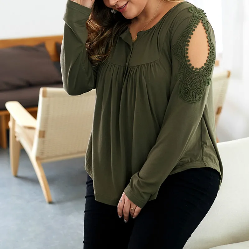 Big Size  Blouse Women Shirts Lace Holow Out Long Sleeve Women Tops Plus Size Solid Shirts Button Blusas Oversized Female A074