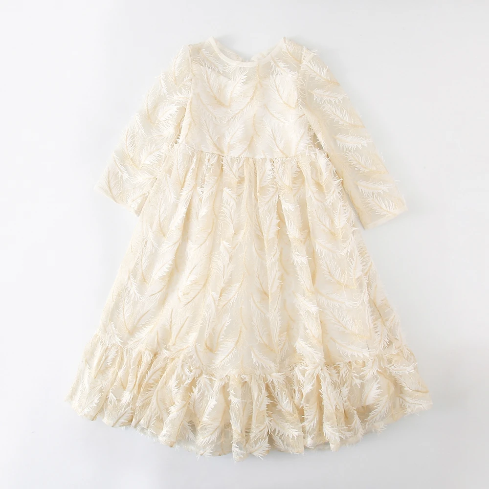 Ivory 3D feather lace Pageant Princess Party Dresses Wedding girl dress Junior Bridesmaid dress (9)