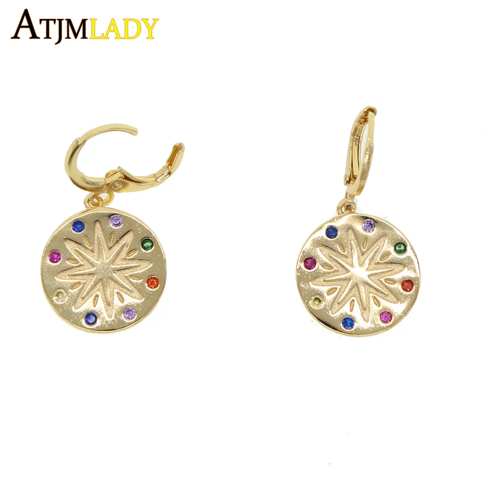

gold filled Round coin rainbow cz star dangle earring for women hot fashion Geometric trendy Bohemia jewelry drop shipping