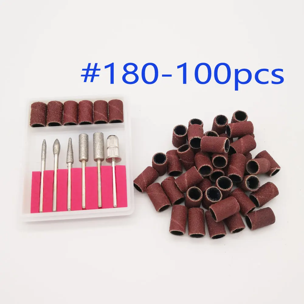 100pcs sanding Nail Drills+ 6Pcs Nail Art Drill Bit Replace Sandpaper Head Set with Case Polish Tips Grinding Shaping Machine - Цвет: grit180-100pcs