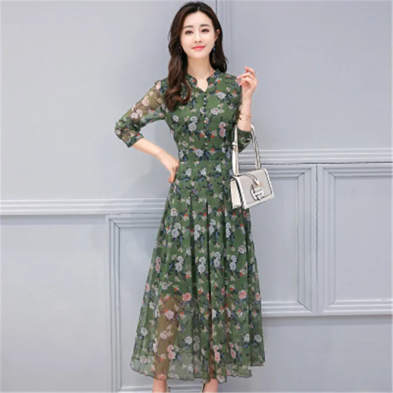 

Womens Dresses For Autumn 2019 Long Sleeve A-Line Sweet Print Floral Chiffon Dress V-Neck Fashion Slim summer long Dress 122