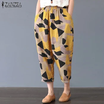 

Kaftan Geometric Print Trousers Women's Harem Pants 2020 ZANZEA Spring Cotton Elastic Waist Long Pantalon Female Palazzo Turnip