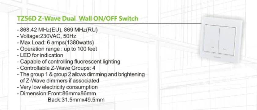 TZ56D Z-Wave беспроводной двойной настенный выключатель(3 провода) Zwave настенный вкл/выкл переключатель для автоматизации умного дома