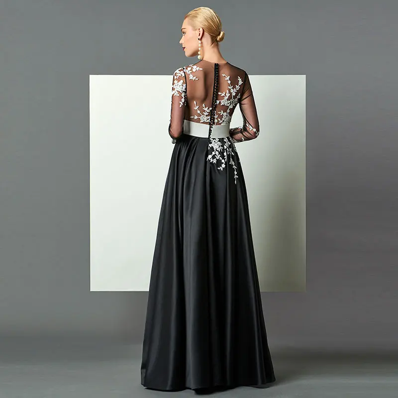 Tanpell Черное вечернее платье с аппликацией, с глубоким вырезом, с длинными рукавами, длина до пола, платье на выпускной, на заказ, Формальное ТРАПЕЦИЕВИДНОЕ вечернее платье es