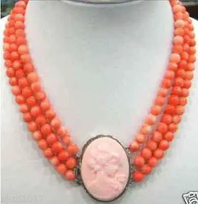 

FREE SHIPPING Rare 3 rows 6-7mm Pink coral beads necklace