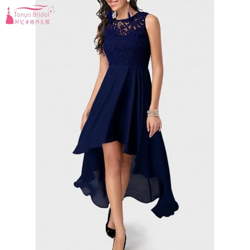 

TANYA 2019 Simple Evening Dresses Long O-Neck Lace stitching chiffon Cut-out Sleeveless High-Low Formal robe de soiree SS086