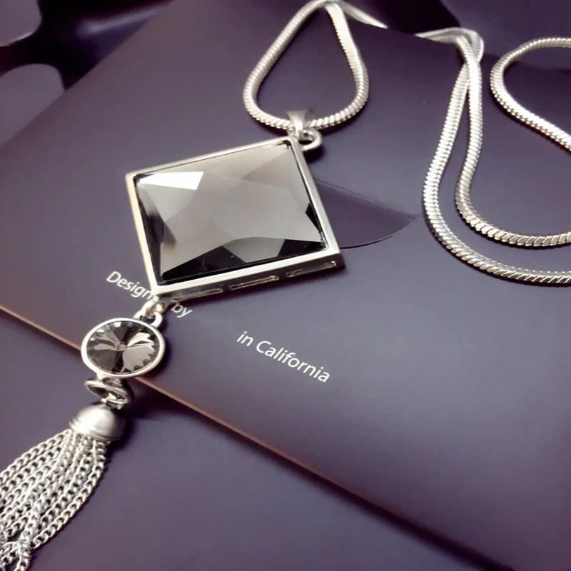 

BYSPT Square Crystal Pendant Long Tassel Necklace Women Fashion Jewelry Wholesale Silver Chain Long Necklace Sweater Chain