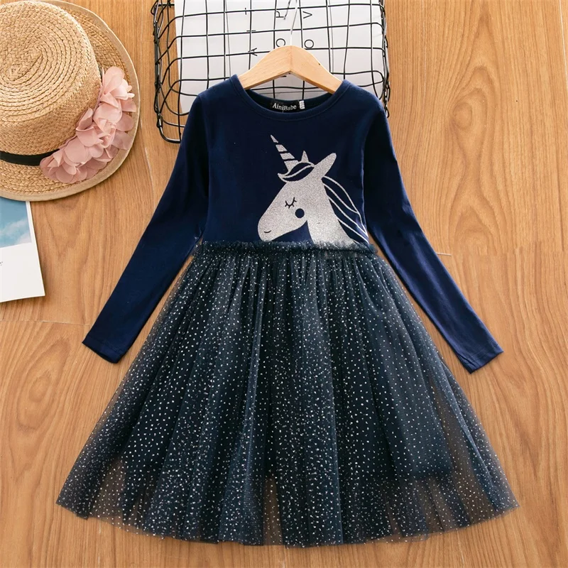 

Brand Girls Unicorn Dress Pincess Sequined Vestidos Kids Party Casual Tutu Children Long sleeves Autumn Winter Dresses For Girl