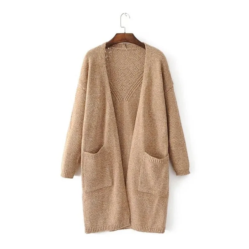 

Women Slim Fit Knitted Sweaters Long Cardigan Autumn Winter Back Hollow Out Oversized Sweater Big Pockets