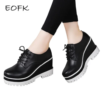 

EOFK Women Leather High Wedges Pumps Lady Fashion Casual Autumn Spring Lace-up Height 8.5 Cm Black Platform Shoes