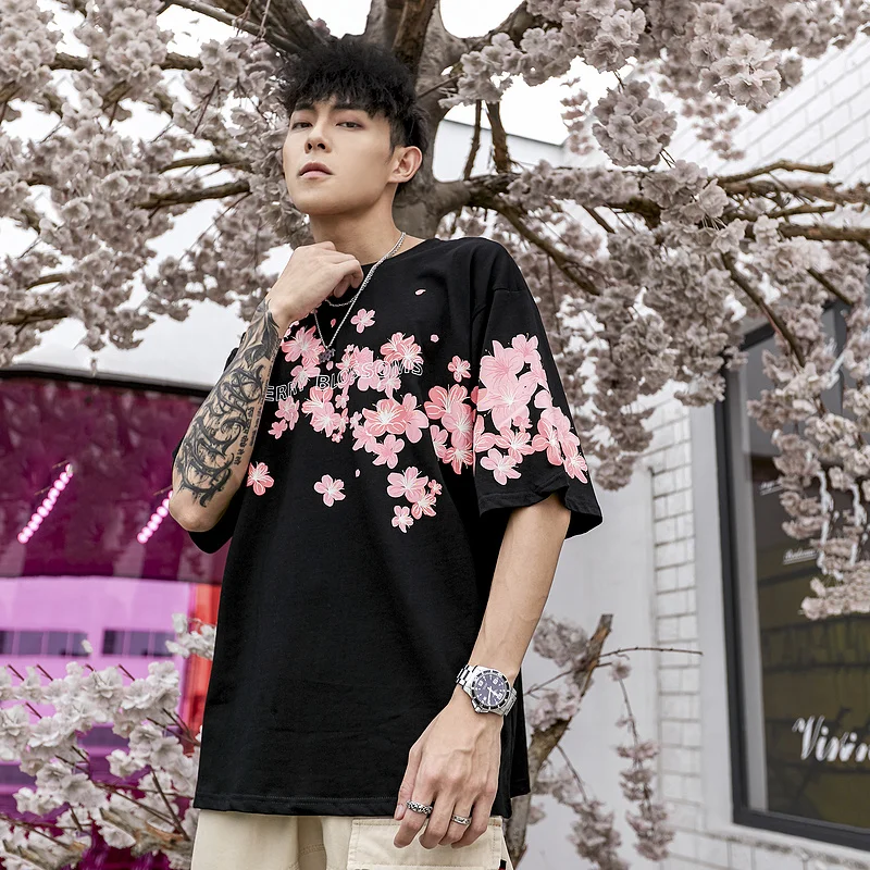 

Summer 2019 New Men High Street Letter Cherry Blossoms Tee Shirt