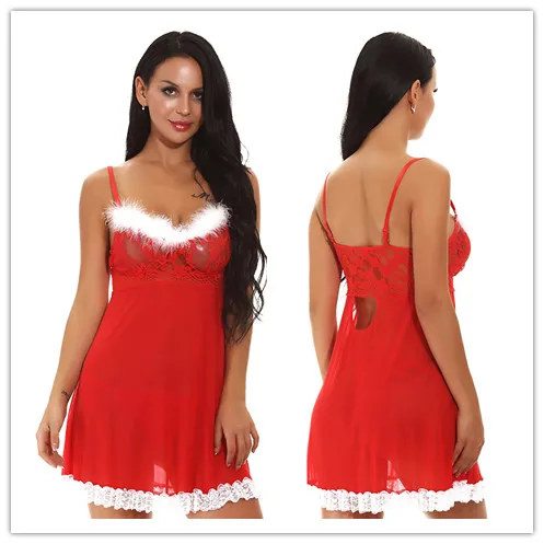 Women Sexy Red Lace Lingerie Christmas Plush Dress Xmas Hot Erotic Sleepwear Customes Underwear Lingerie