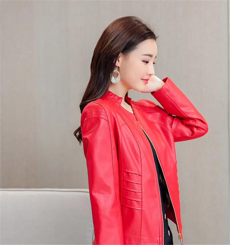 Осенне-зимняя новая короткая тонкая женская куртка из искусственной кожи модные большие размеры с воротником-стойкой женские Куртки из искусственной кожи cw480 - Цвет: red