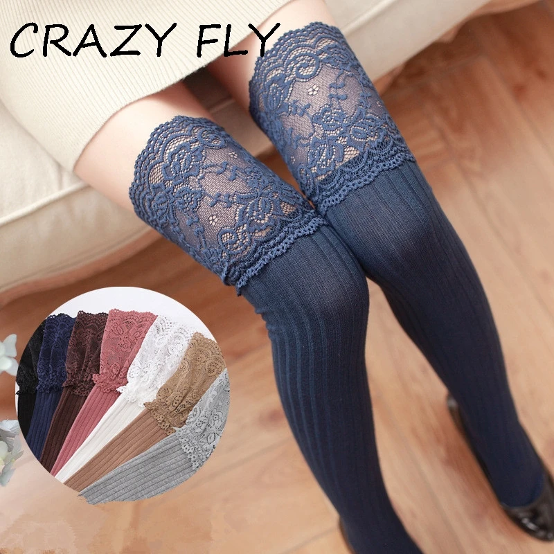 

CRAZY FLY 1pcs Lace Stockings Women Sexy Thigh High Over The Knee Socks for Girls Heart Pattern Vertical Long Cotton Warm Socks
