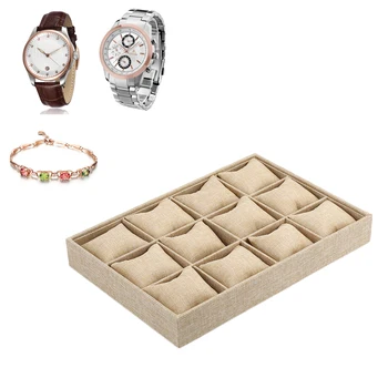 

12 Slots Coarse Pillow Bracelet Watch Display Tray Bracelet Necklace Display Box Earring Container Case Jewelry Organizer Holder