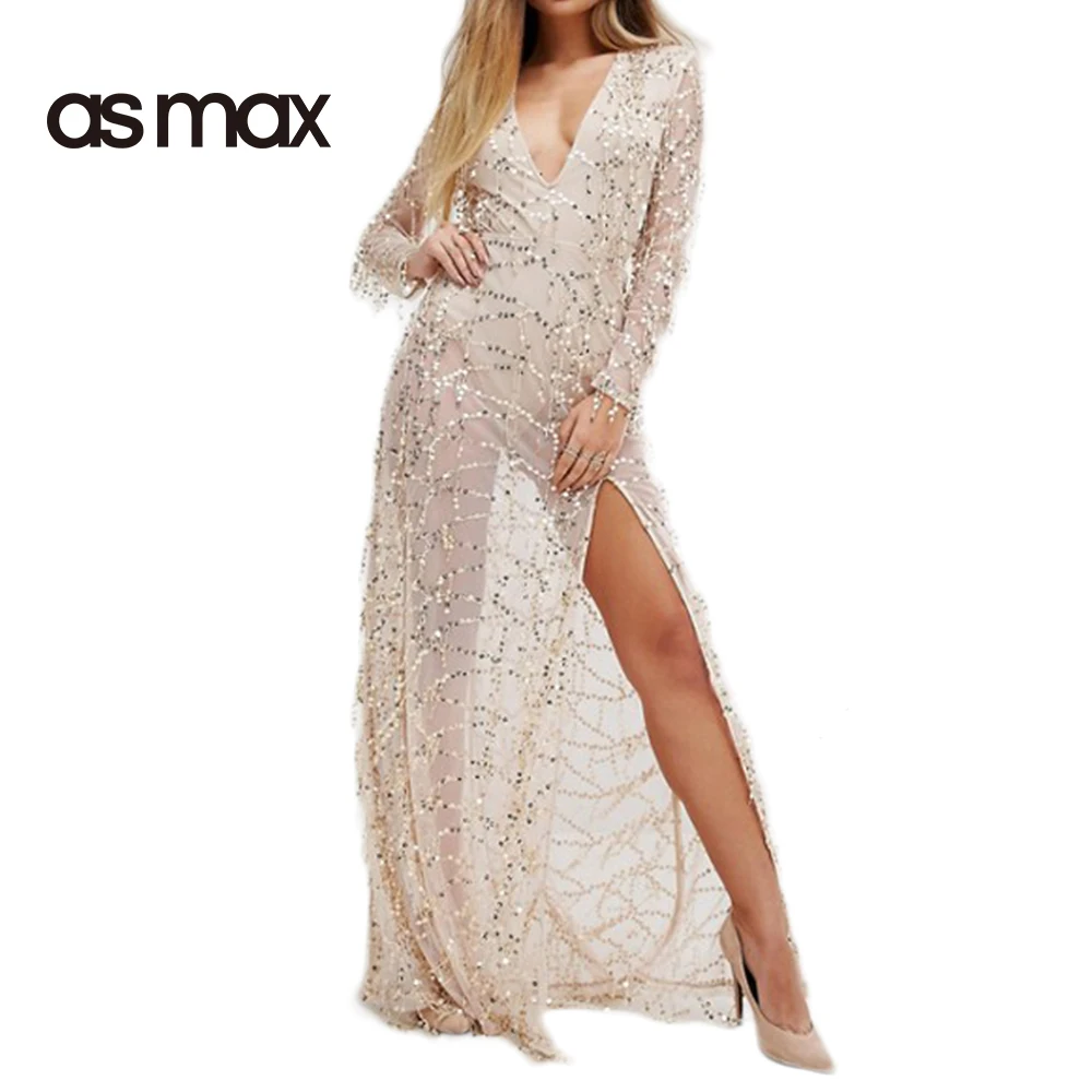 Deep V Neck Plain Long Sleeve Maxi Dresses