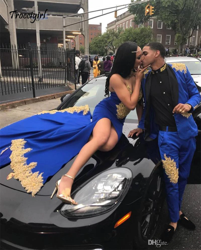 

Long Royal Blue Mermaid Prom Dress for Black Girls 2019 Women Gold Appliques African Party Dresses Sexy High Slit Evening Gowns