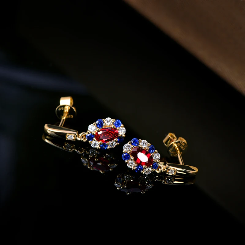 Caimao 0.72ct Red Ruby Earrings with Round Diamond Sapphire 14k Yellow Gold Exquisite Dangle