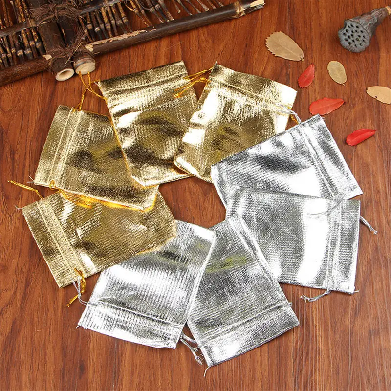 

10pcs/Lot 7x9 9x12 11x16cm Gold Silver Satin Gift Bag Drawstring Pouch Wedding Christmas Candy Gifts Jewelry Packaging Bags
