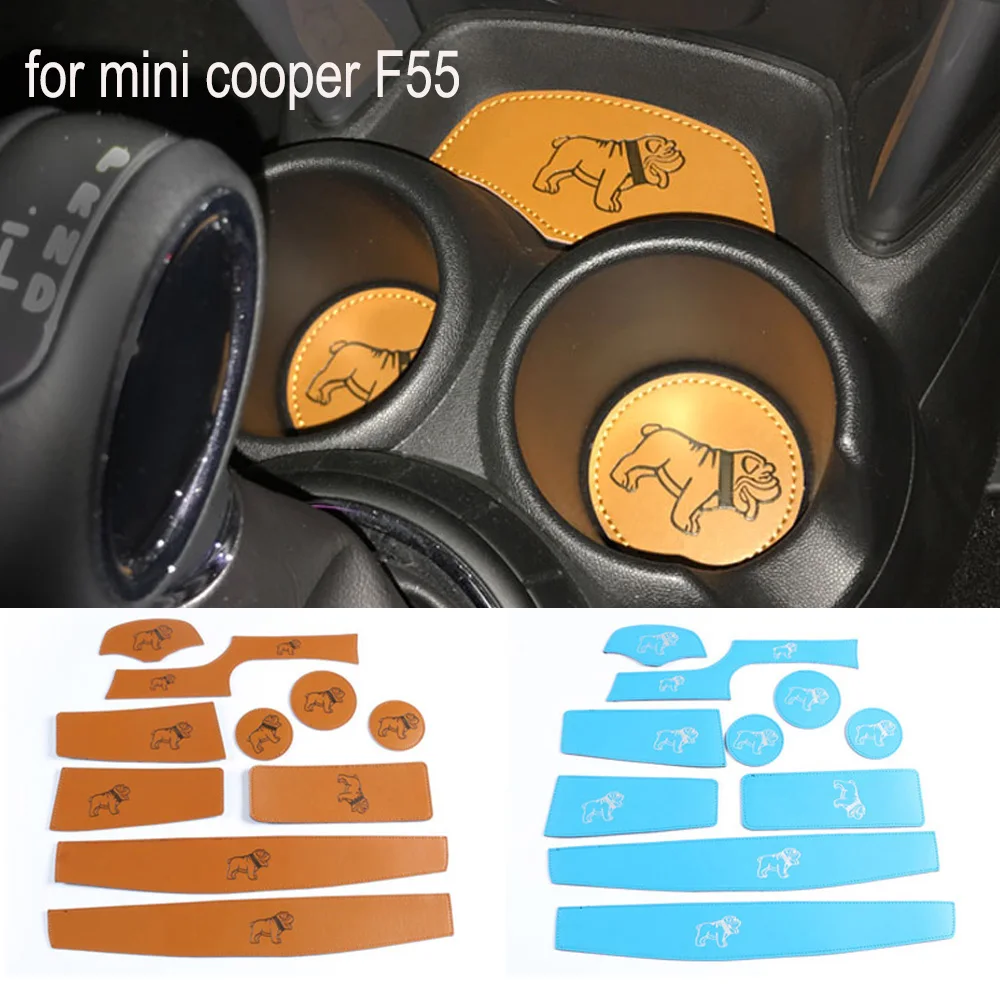 

Car Styling Bulldog Leather Car Decor Door Groove Mat Pad Cup Holder Coasters Mat Non Slip For Mini Cooper F55 Car Accessories