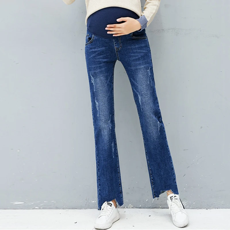 Maternity Clothes Pregnancy Pants Autumn Adjustable High Waist Pockets Denim Pants Casual Hem