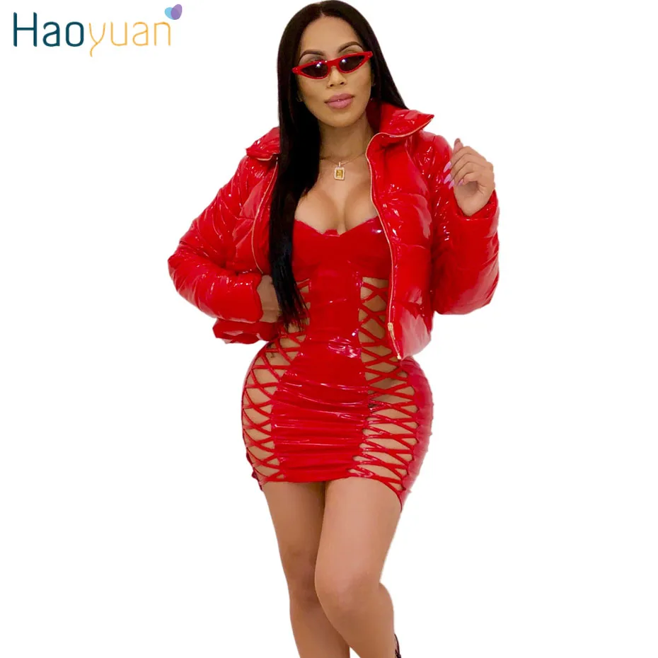 HAOYUAN Plus Size PU Leather Bubble Coat Warm Clothes Short Parka Padded Jacket Outerwear Ladies Long Sleeve Winter Jacket Women