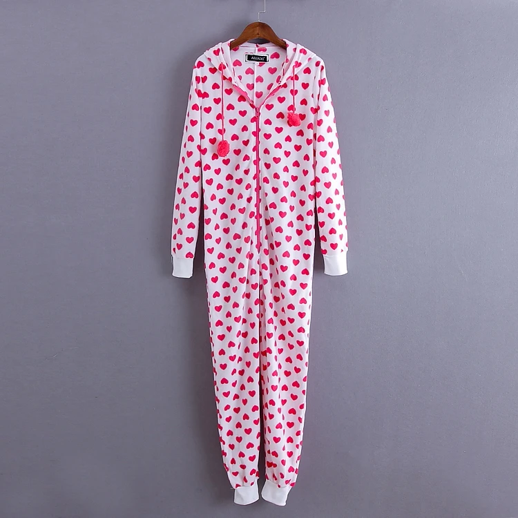 

Woman kawaii pink heart print Jumpsuit winter onesies Warm Cotton Fleece Pyjama/Jumpsuit S-L