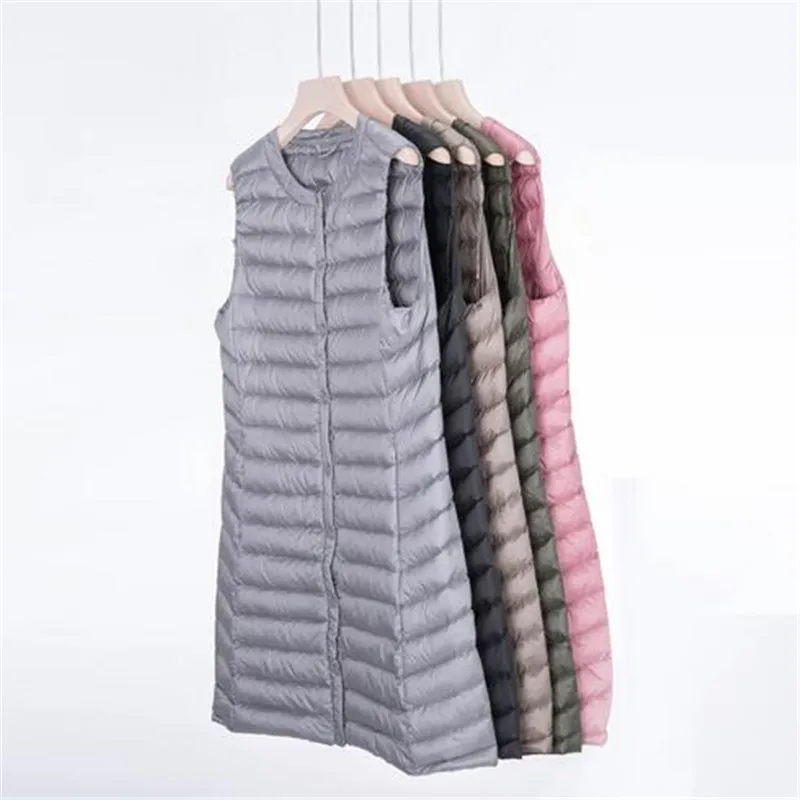 

New Women's Long Vest Autumn Winter Ultra Light Down Vests Women Female Down Coat Long Sleeveless Without Collar Jacket