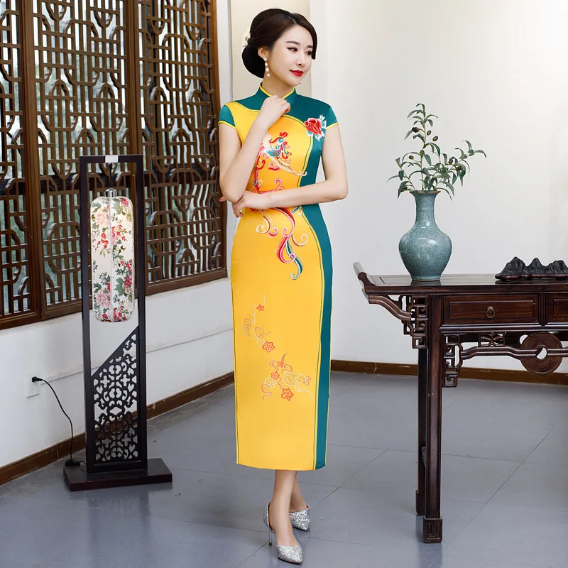 Весеннее длинное платье Qipao женское традиционное атласное шелковое китайское с