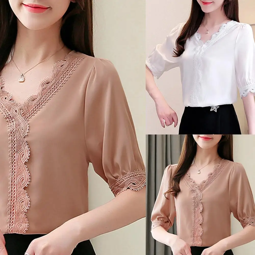 

Women Summer Casual Solid Short Sleeve V-Neck Top Blouse