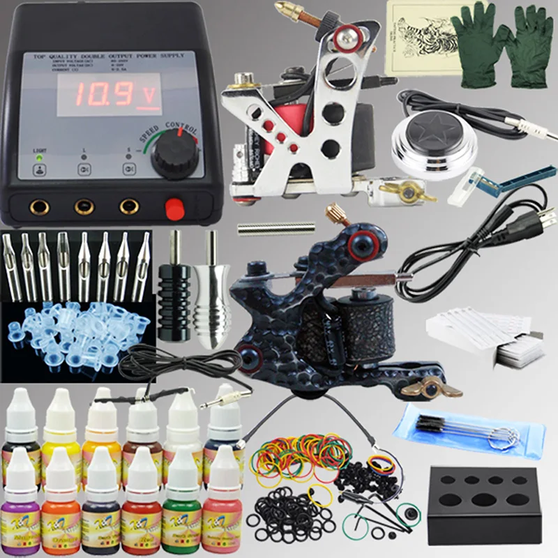 OPHIR 325Pcs PRO Complete Tattoo Kit Power Supply 2 Machine Guns 12 Color Tattoo Inks 50 Needles 8pcs Nozzles 2x Grips Set_TA004