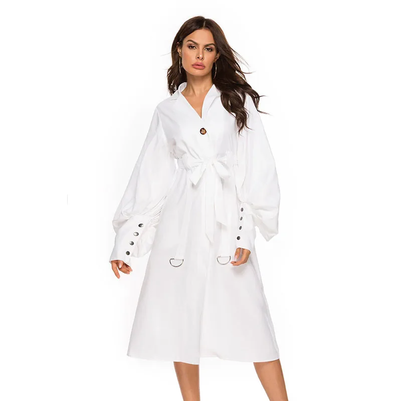 

Lady Casual Button Front Knot Cuff Belted White Dress Women Spring Solid V Neck Streetwear A Line Elegant Midi Dress