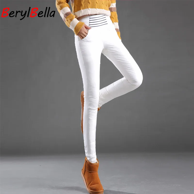 Белые пуховые брюки для женщин, зимние брюки с высокой талией размера плюс, эластичные длинные брюки, облегающие Женские Брюки-карандаш, Pantalon Femme BerylBella