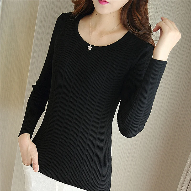 Korean Spring Autumn Women Knitted Pullovers O Neck Long Sleeve Solid Slim Streetwear Elsatic Maglioni Donna Sueter Mujer