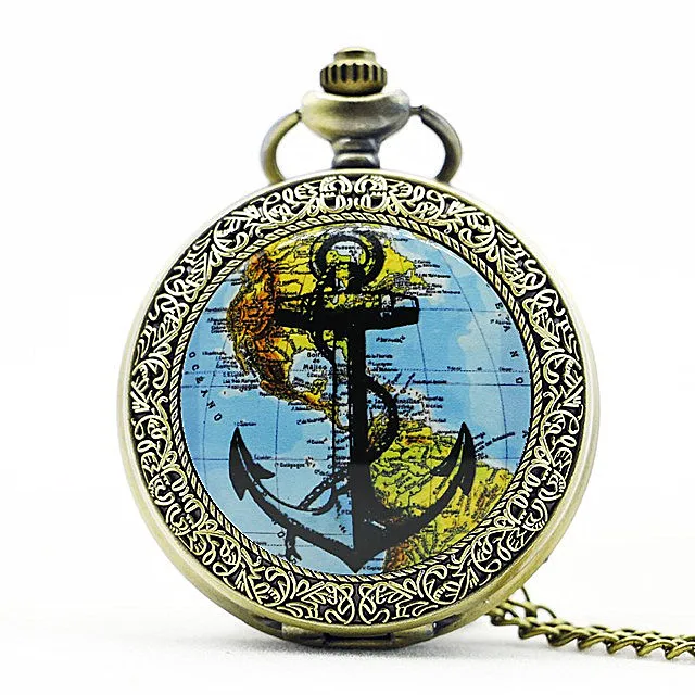 Новое поступление, часы с подвеской в виде пиратского якоря, Карта мира, карманные часы, ретро дизайн, кварцевые часы в виде якоря моряка, мужские часы в подарок - Цвет: bronze