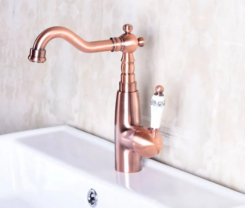 Vintage Red Copper Antique Brass Single Handle Swivel Spout Bathroom Basin Kitchen Sink Faucet Cold & Hot Mixer Tap anf133