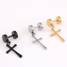 2 штуки в продаже, цельные титановые стальные Серебристые черные золотые штанги крест, модные крутые мужские сережки-гвоздики для мужчин