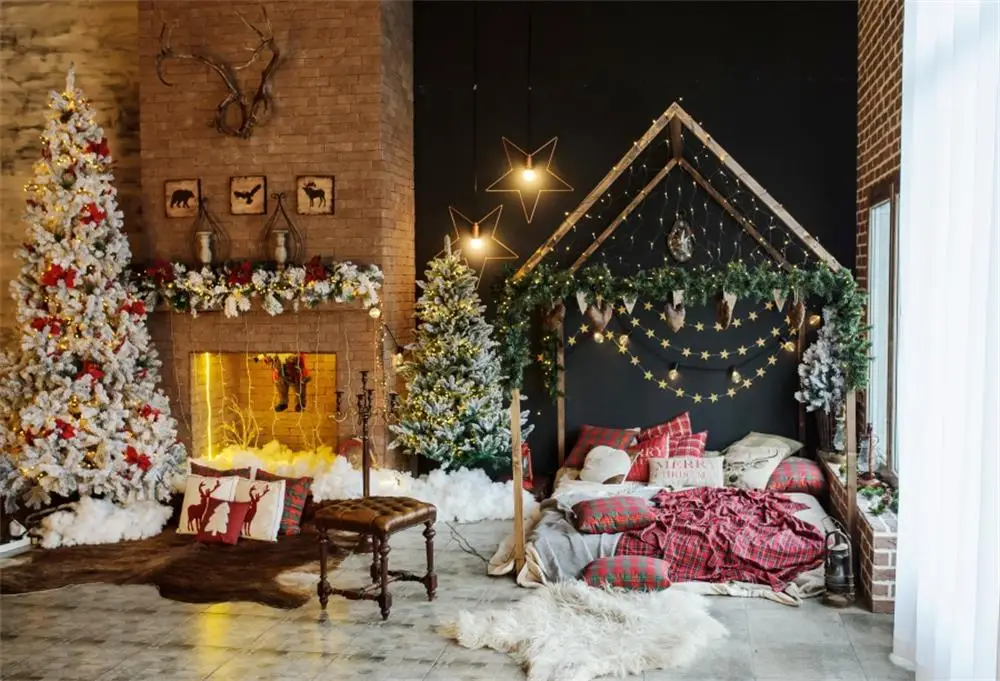 

Laeacco Photography Backdrops Christmas Tree Brick Fireplace Boudoir Light Star Wreath Photo Backgrounds Photocall Photo Studio