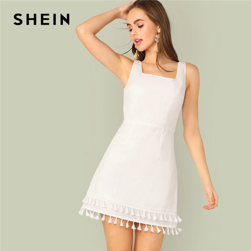 

SHEIN Zipper Back Layered Tassel Hem Dress White Solid Boho Sleeveless Straps A Line Sheath Fringe Summer Women Dress