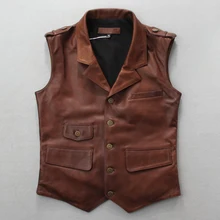 Мужская приталенная куртка из натуральной кожи без рукавов Коричневый Черный винтажный кожаный жилет мужской натуральный жилет из овчины с карманами