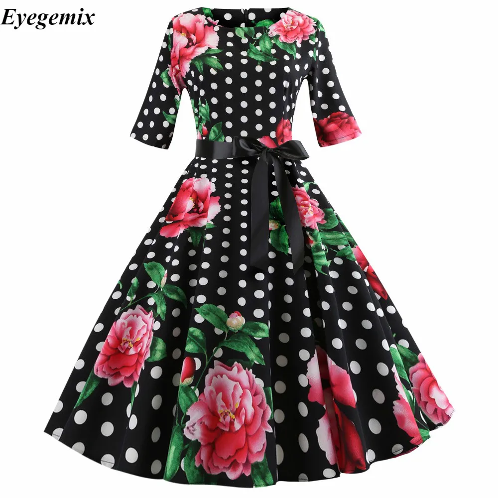 

Floral Women Summer Dress 2018 Vestidos Autumn Half Sleeve Robes Vintage Pin Up Dress 50s 60s Rockabilly Party Dresses Swing
