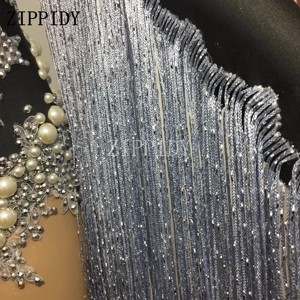 Bright Crystals Pearl Gray Long Tassel Black Bodysuit Stars Pattern Costume Nightclub Party Female Singer Show Celebrate Leotard
