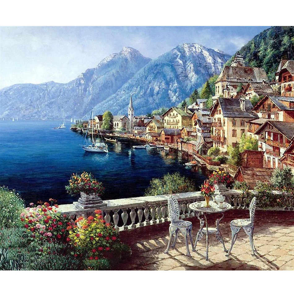 

RIHE DIY Blue Seascape Painting By Numbers Boat Oil Painting On Canvas Home Decor Picture Acrylic Paint Wall Art For Living Room