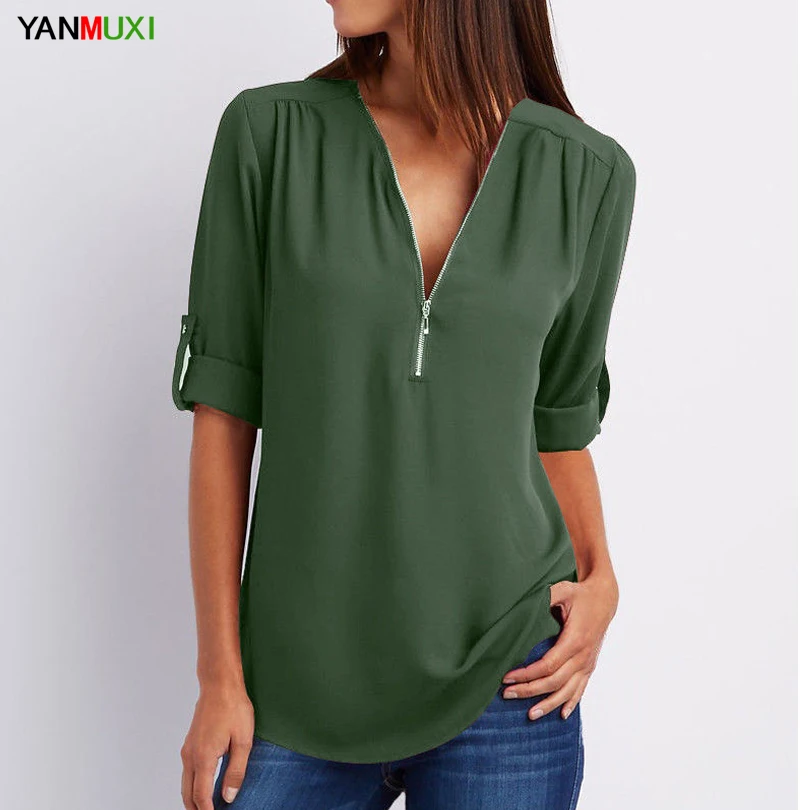 Gasa más el tamaño S-5XL Womens Casual v-cuello cremallera túnica Tops verano 2018 blusas de la manera de las mujeres Ropa Mujer