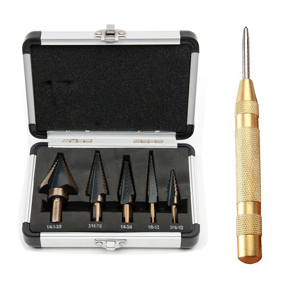 

5pcs Large Cobalt Step Drill Titanium Core Drill Hole Cutter Bit + 1pc 5 Inch Spring Loaded Automatic Center Pin Punch