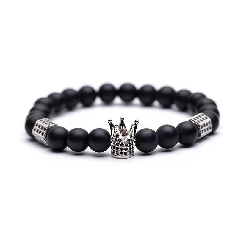 Новые высококачественные мужские браслеты с кристаллами, натуральные браслеты с бусинами из камня для мужчин, Модный золотой и серебряный браслет с короной - Окраска металла: B020374